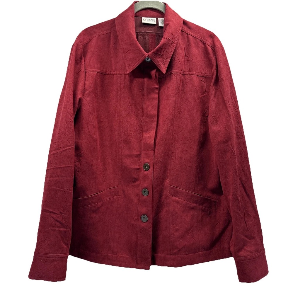 Chicos Women's Shacket Size Large Red Long Sleeve Button Up Faux‎ Suede Pockets